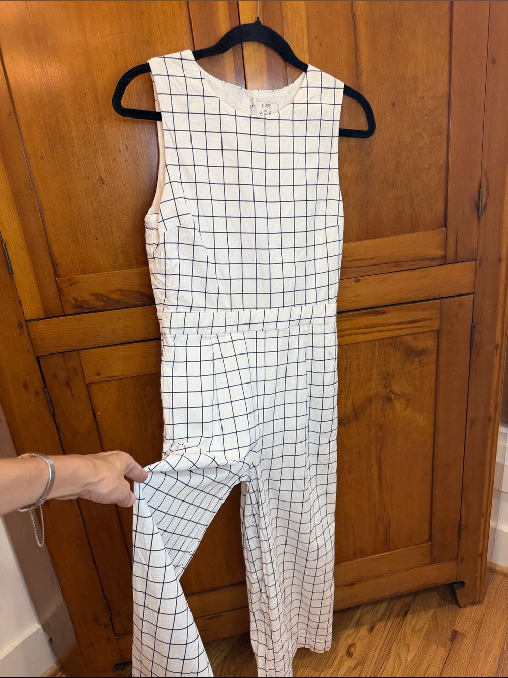 JOA Jumpsuit with White/Blue Grid & Partial Open Back, M Parisian Chic!